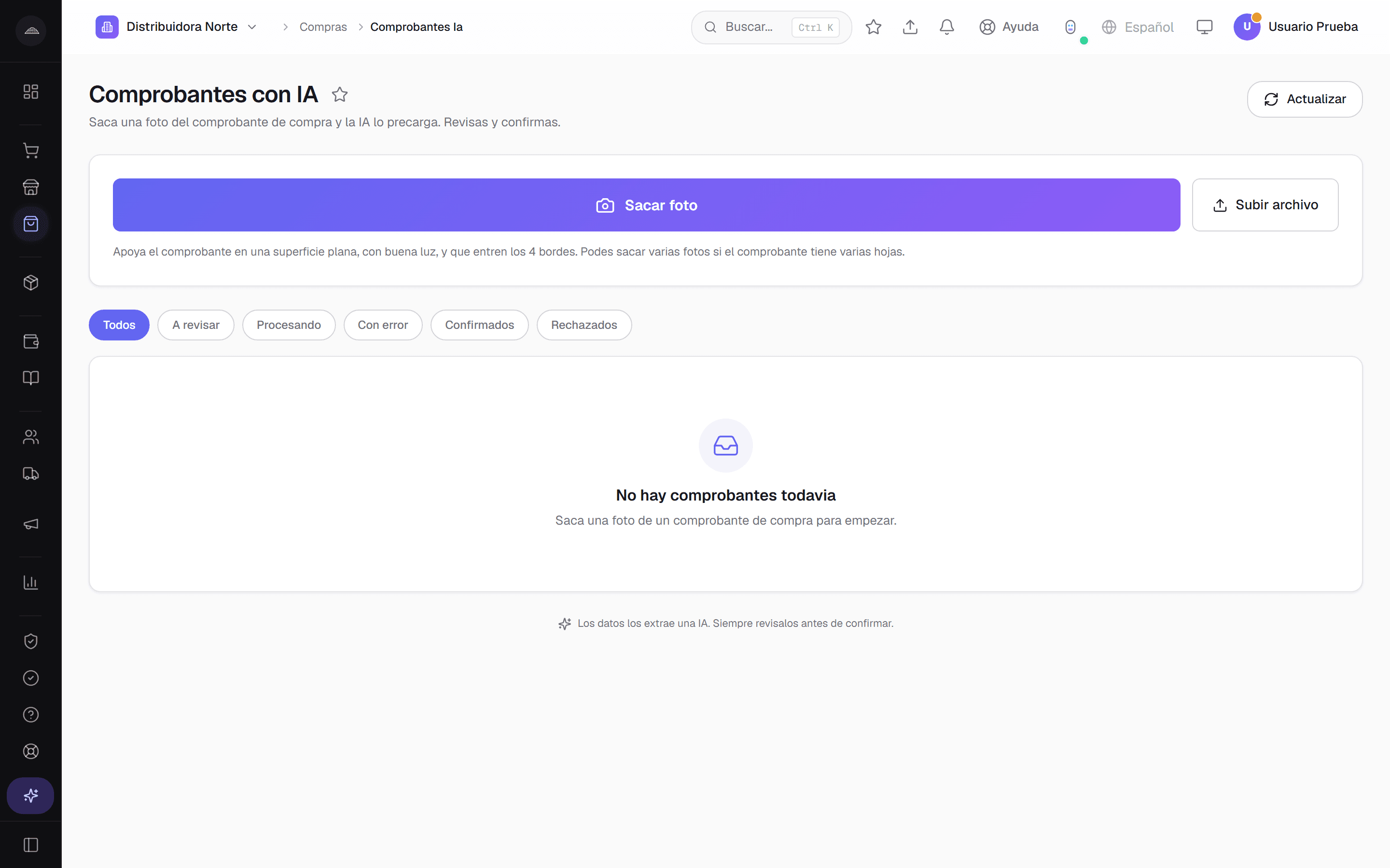 Pantalla de carga de un comprobante de compra con IA en Abakool