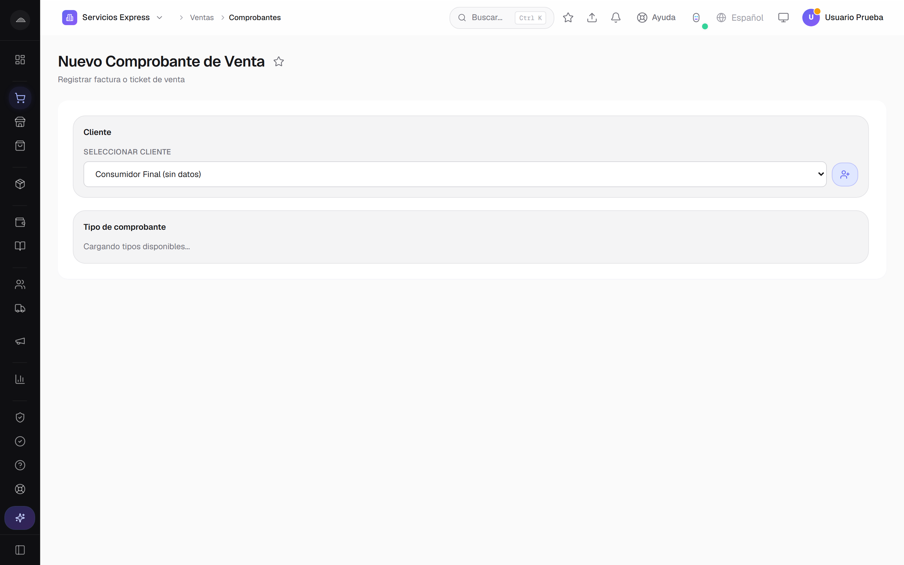 Selector de tipo de comprobante en Abakool con Factura A, B, C, M y FCE